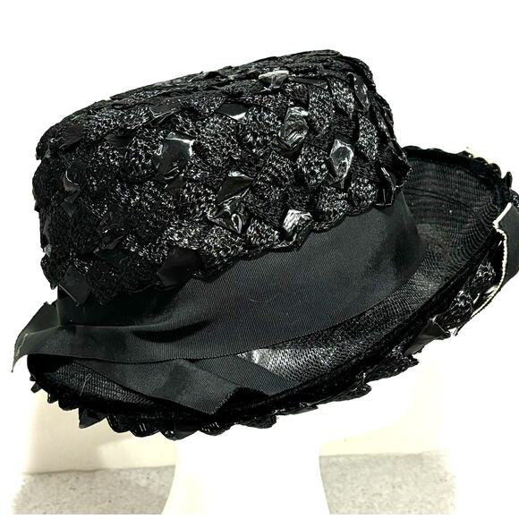Ladies black straw fedora hat woven white hatband trim bow dressy mid century - Picture 2 of 8